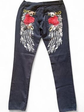 Black Wing & Red Rose Pocket Statement Jeans Y2K Cyber Goth Grunge Whimsigoth 🌹